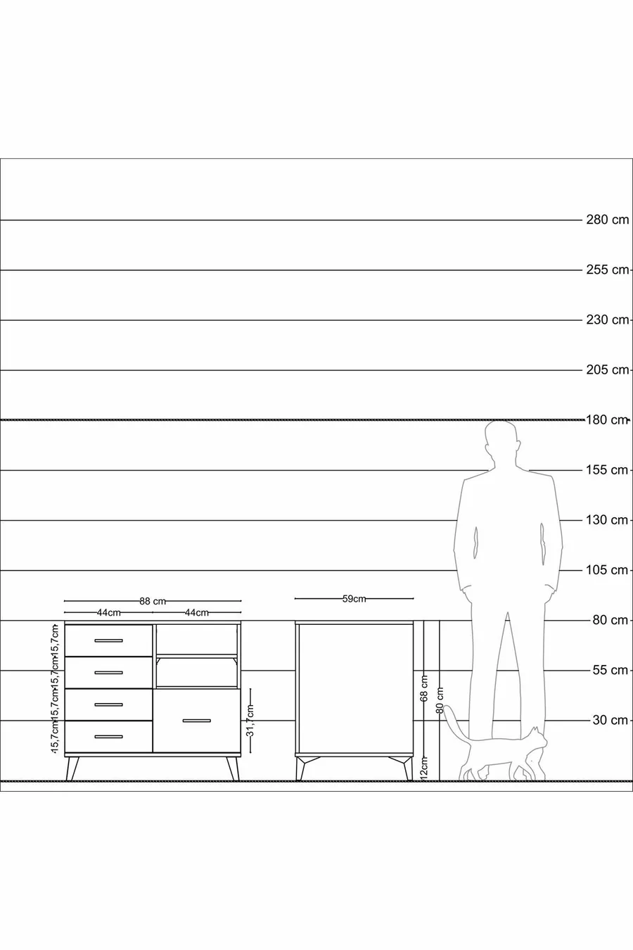 Commode Kronos avec 2 étagères et 5 tiroirs, pin-anthracite