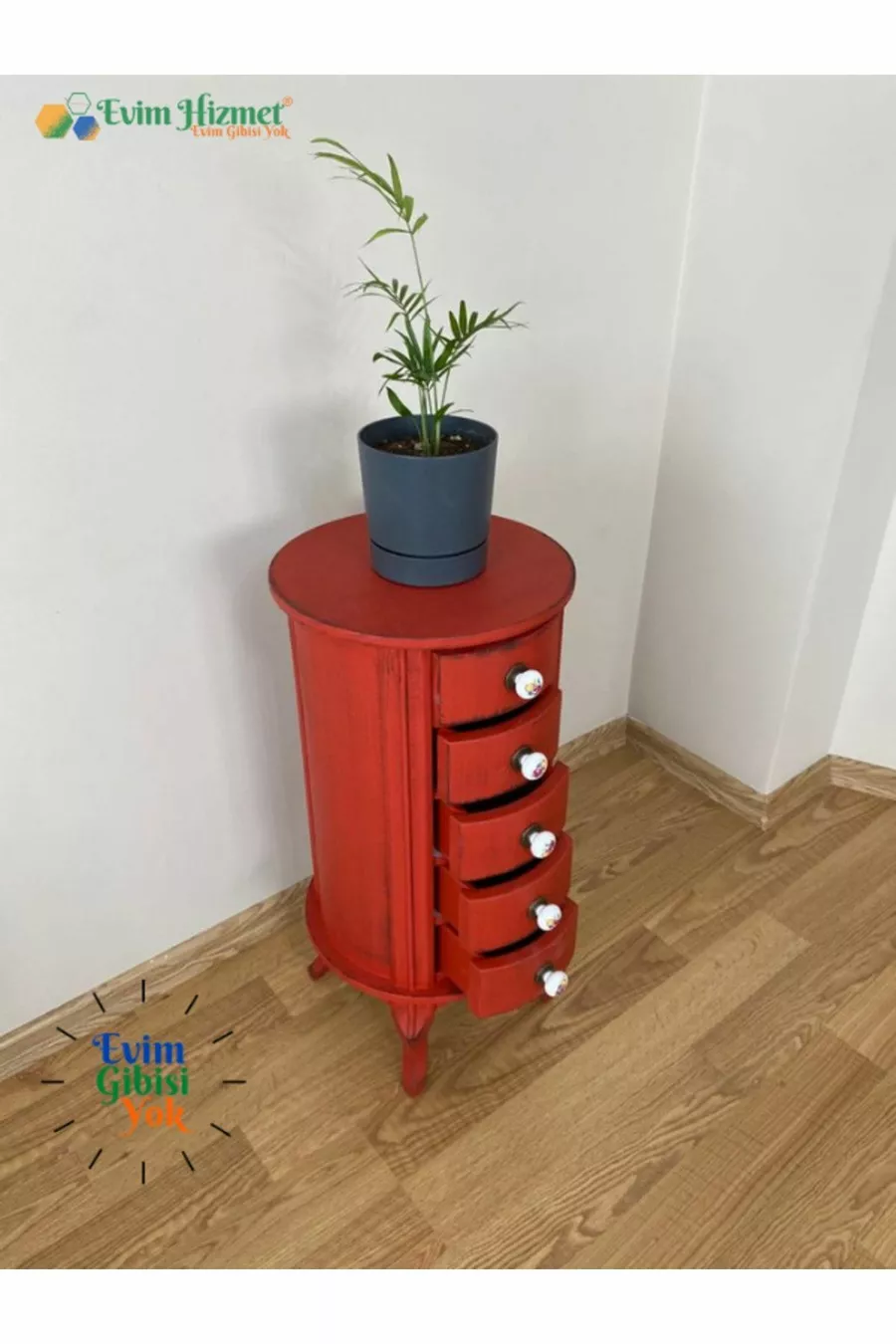 Table de chevet ronde à 5 tiroirs avec porte-plantes