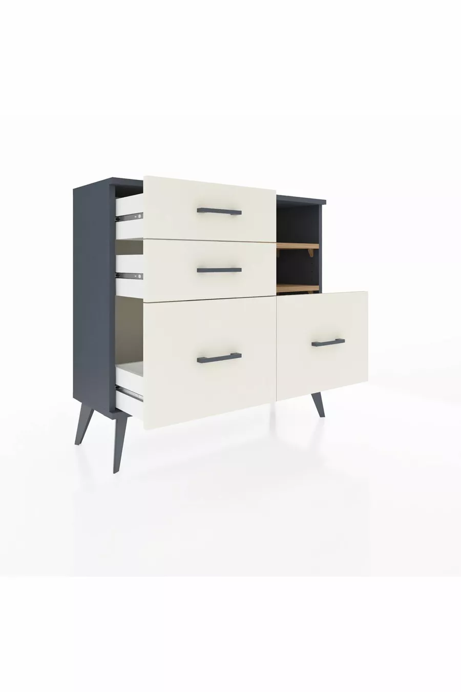 Commode Arges 2 étagères 4 tiroirs Anthracite-Pin/Pierre de Lune