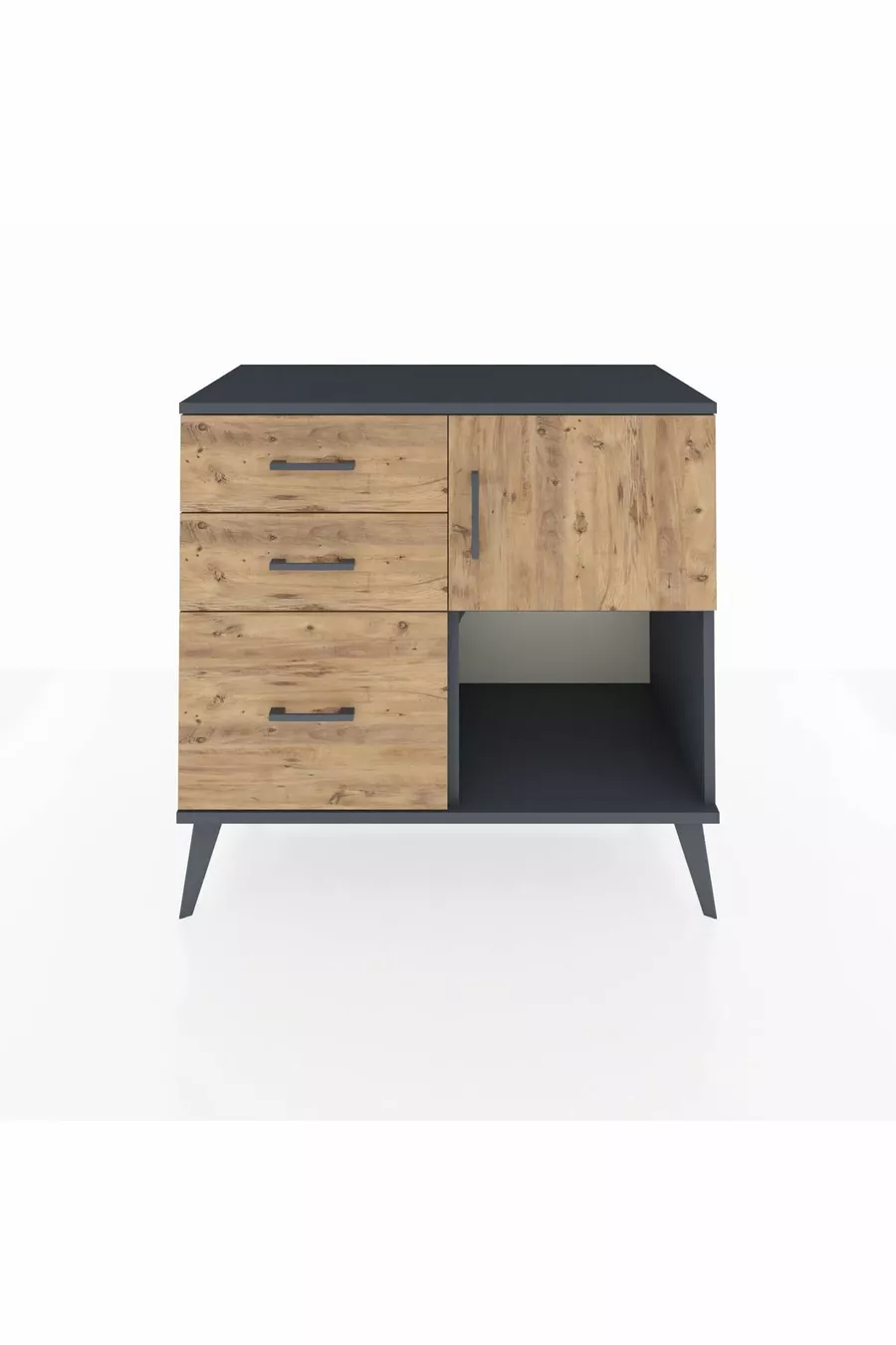 Commode Hyperion à une étagère, 3 tiroirs et une porte, Anthracite-Bois de pin