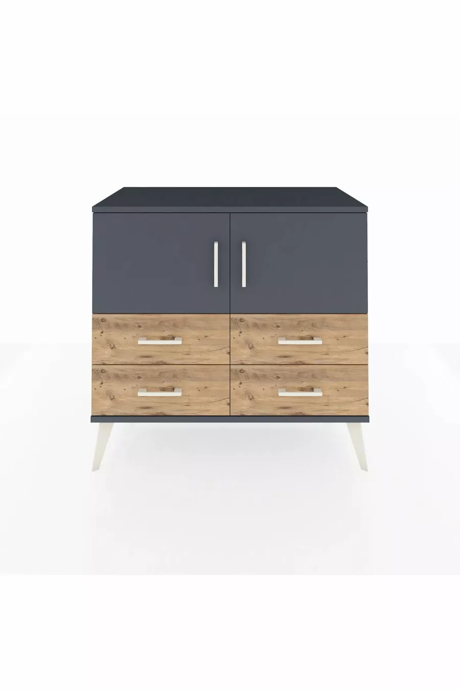 Commode Hyperion 2 étagères 4 tiroirs 2 portes Anthracite-Anthracite/Pin
