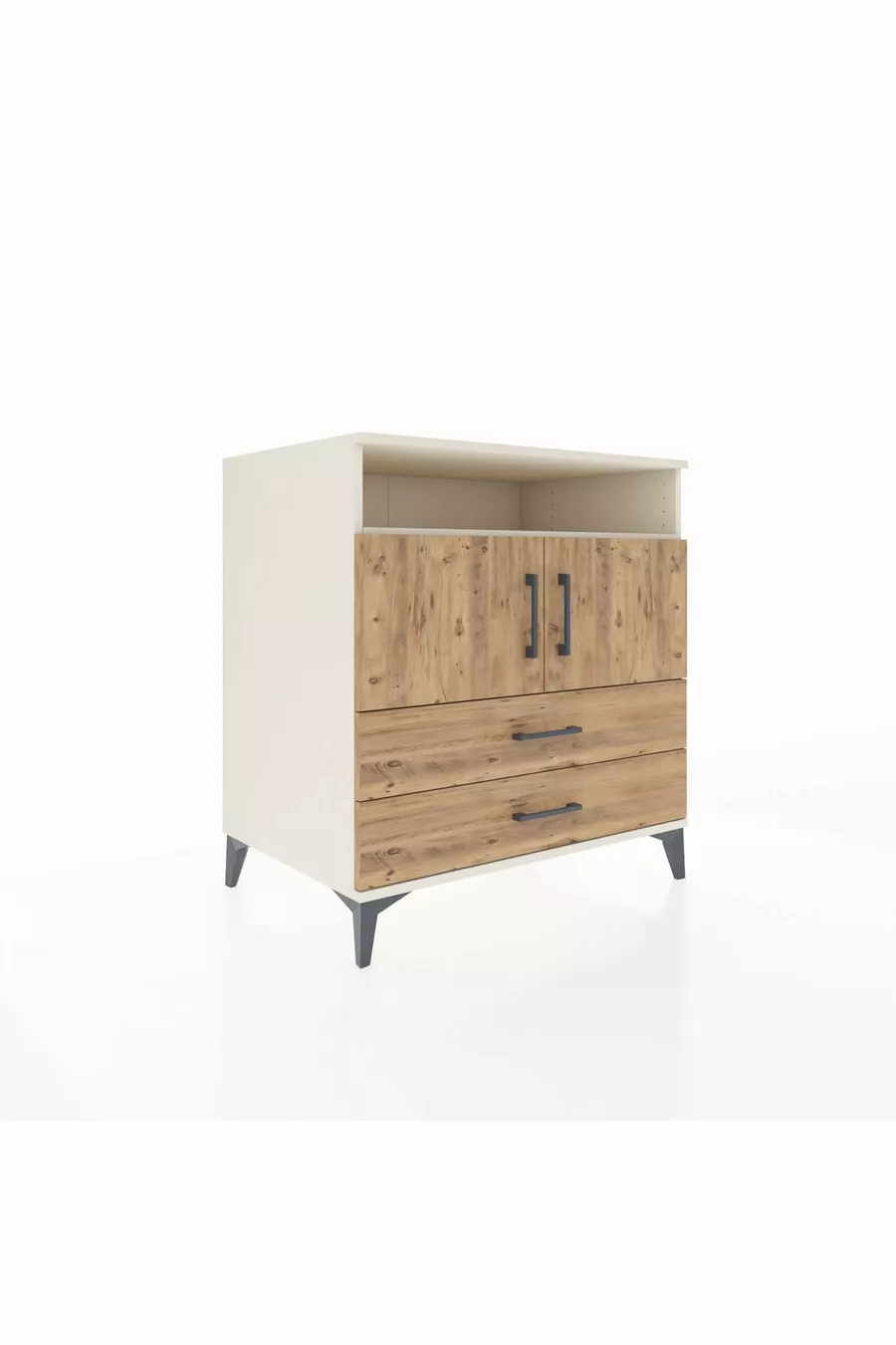 Commode Kronos avec 3 étagères, 2 tiroirs et 2 portes, Pierre de lune-Pin