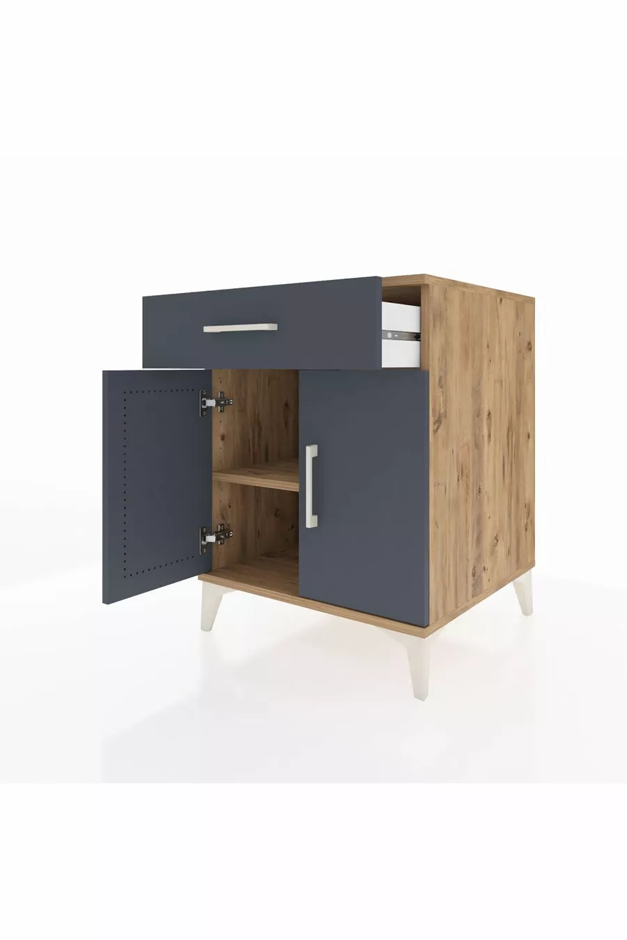 Table de chevet Kronos avec une étagère, un tiroir et deux portes, pin-anthracite