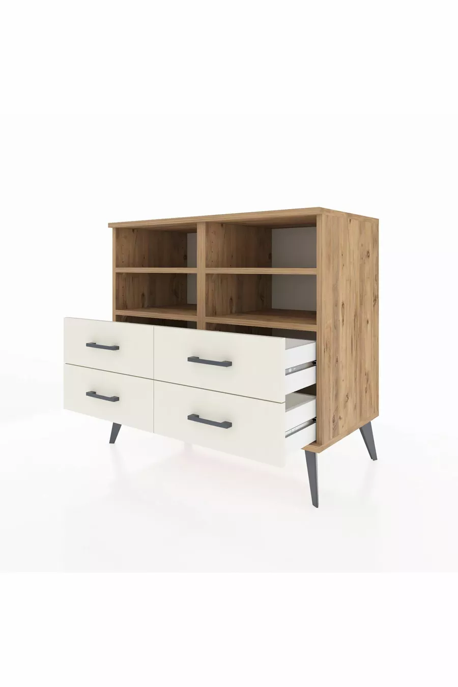Commode Hyperion 4 étagères 4 tiroirs Pin-Pin/Marbre blanc