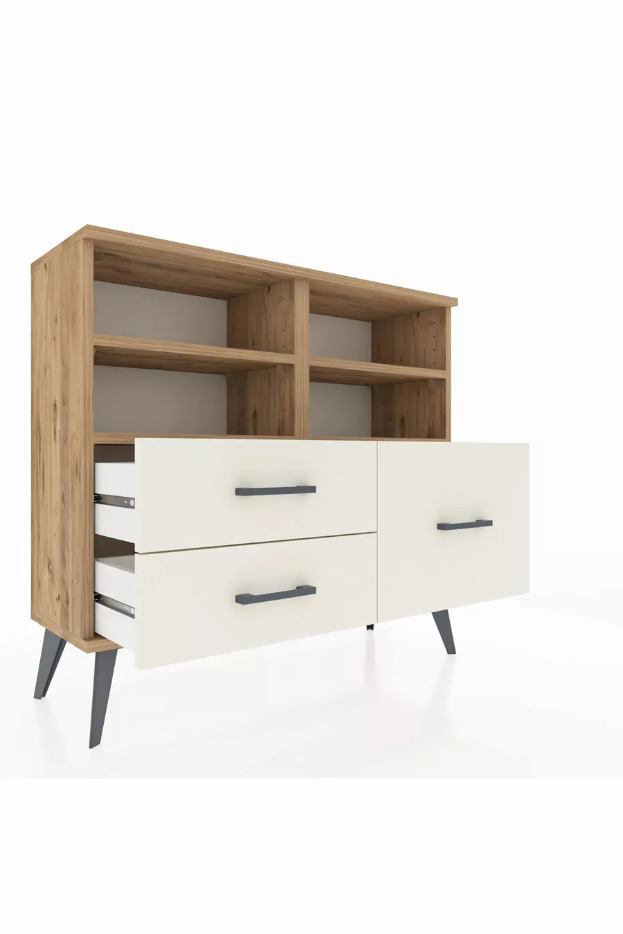Commode Arges 4 étagères 3 tiroirs Pin-Pin/Pierre de lune