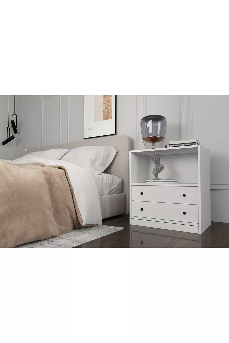 Table de chevet blanche à deux tiroirs avec étagère, sans moulure