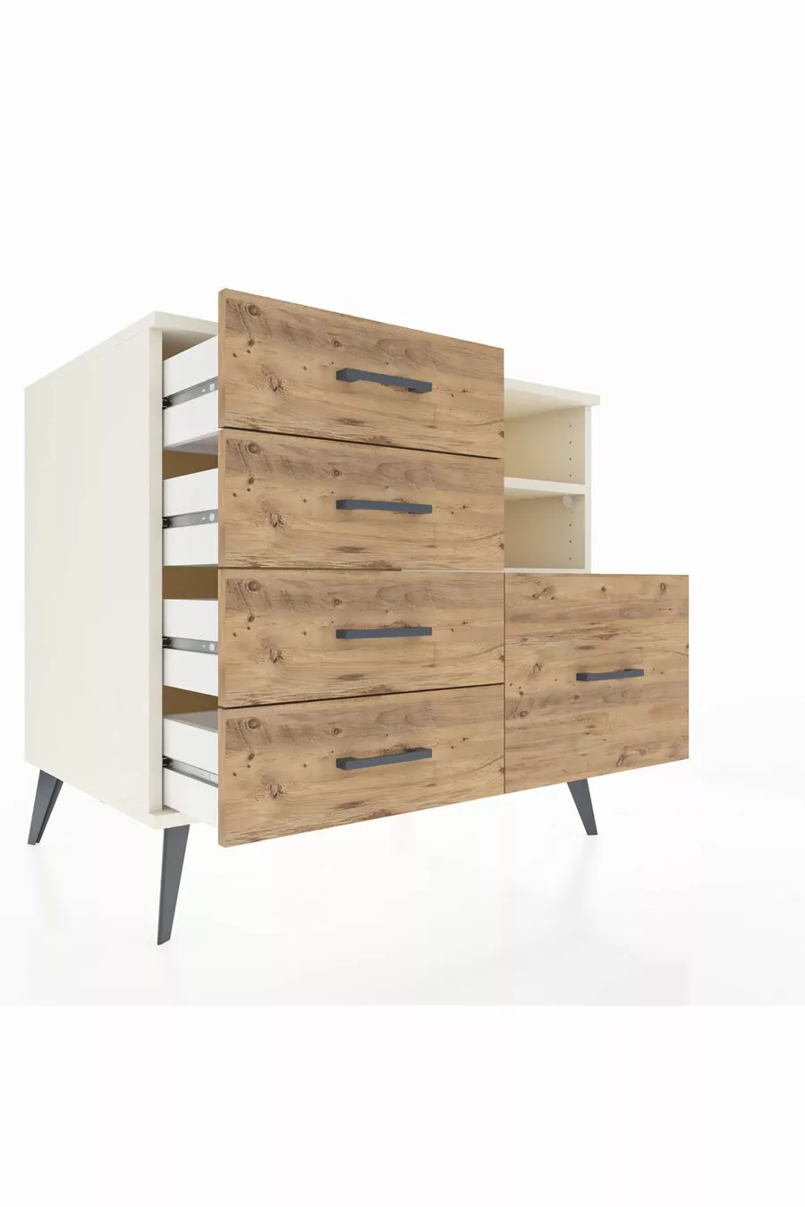 Commode Kronos 2 étagères 5 tiroirs Pierre de lune/Pin