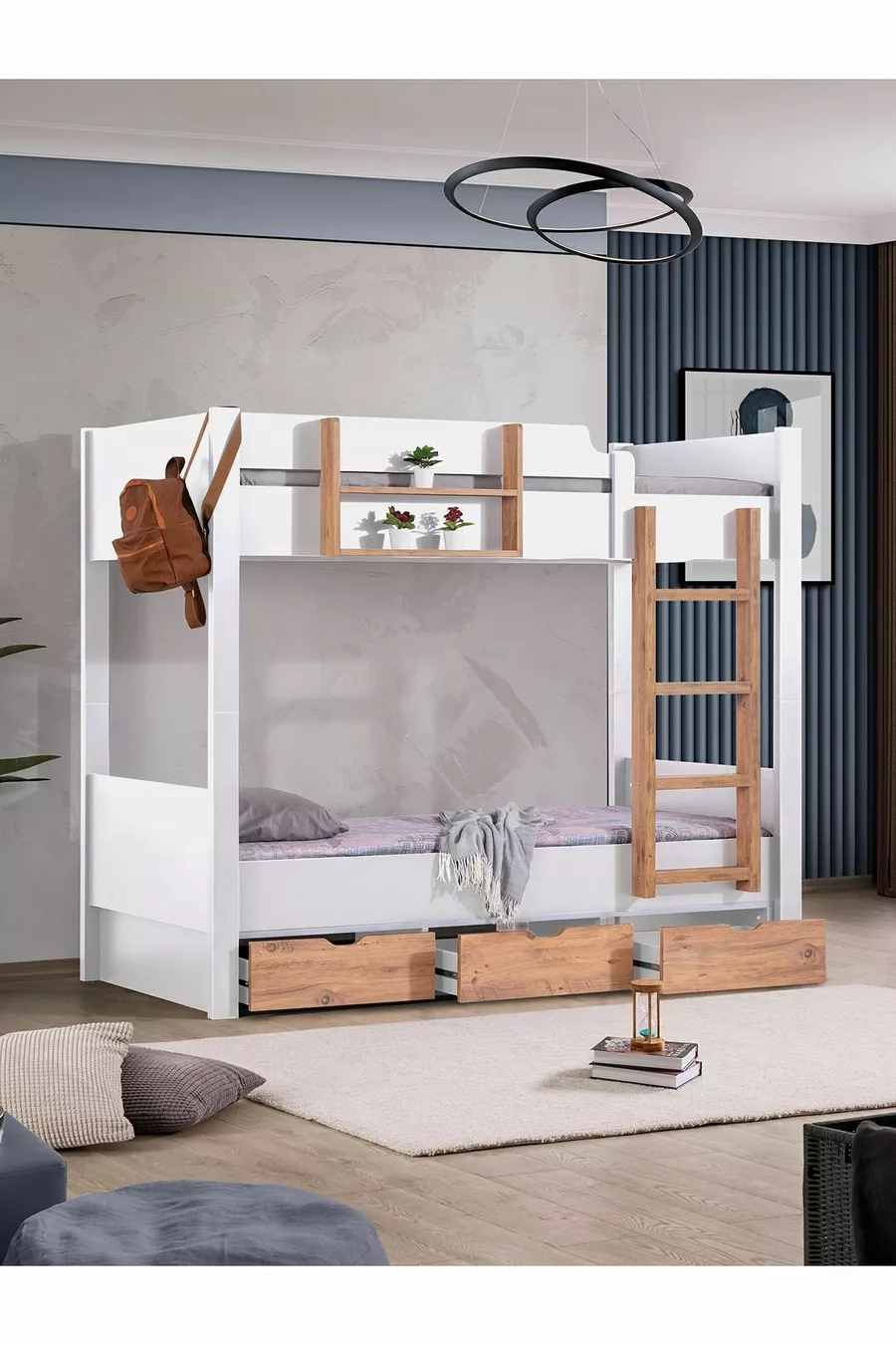 Lit superposé Ranza Asya avec tiroirs amovibles, 2 matelas Comfort