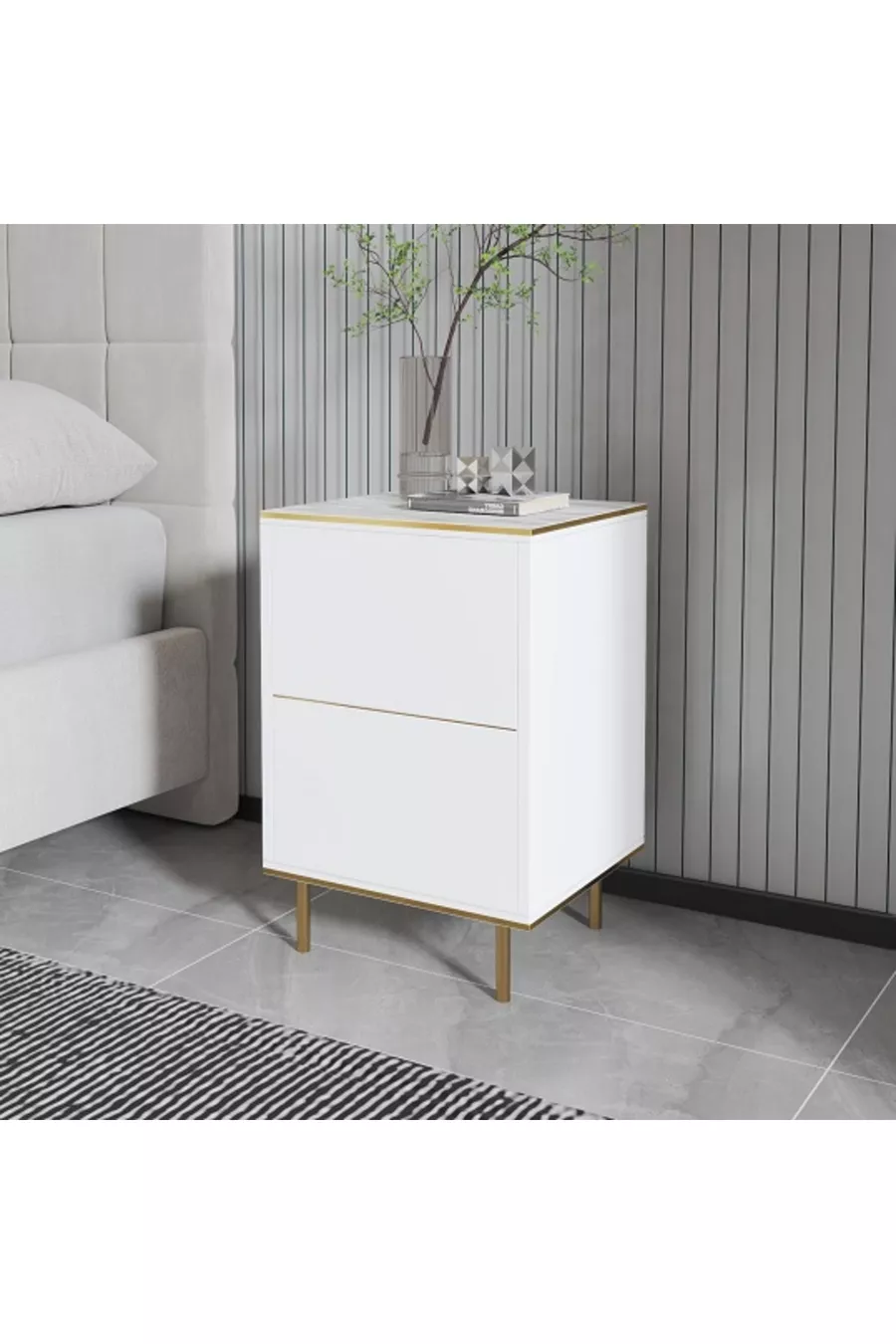 Table de chevet Kozan Blanc Marbre Motif Or