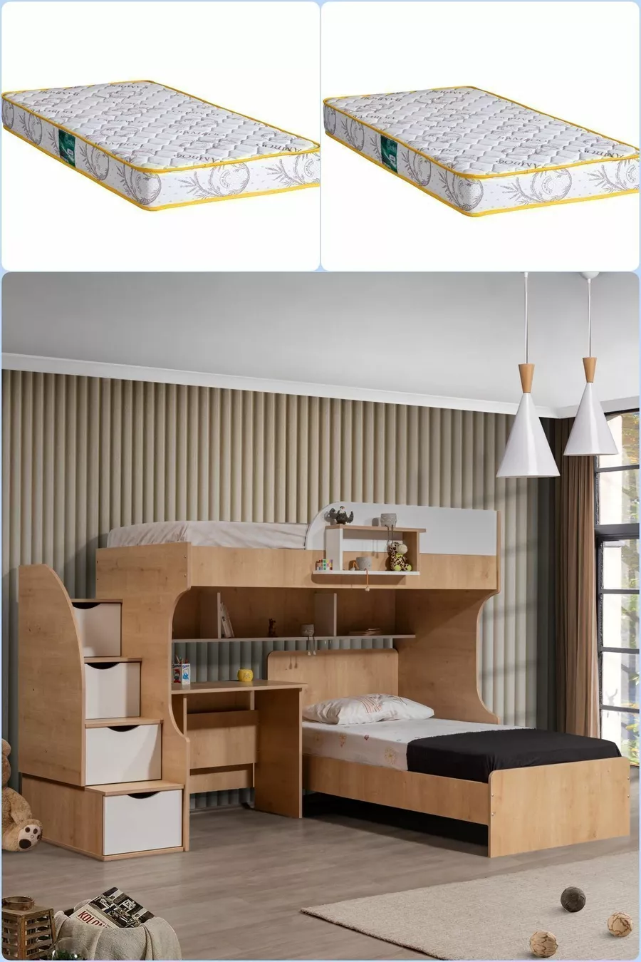 Lits superposés, Lit Aura Ranza avec table et 2 matelas Comfort