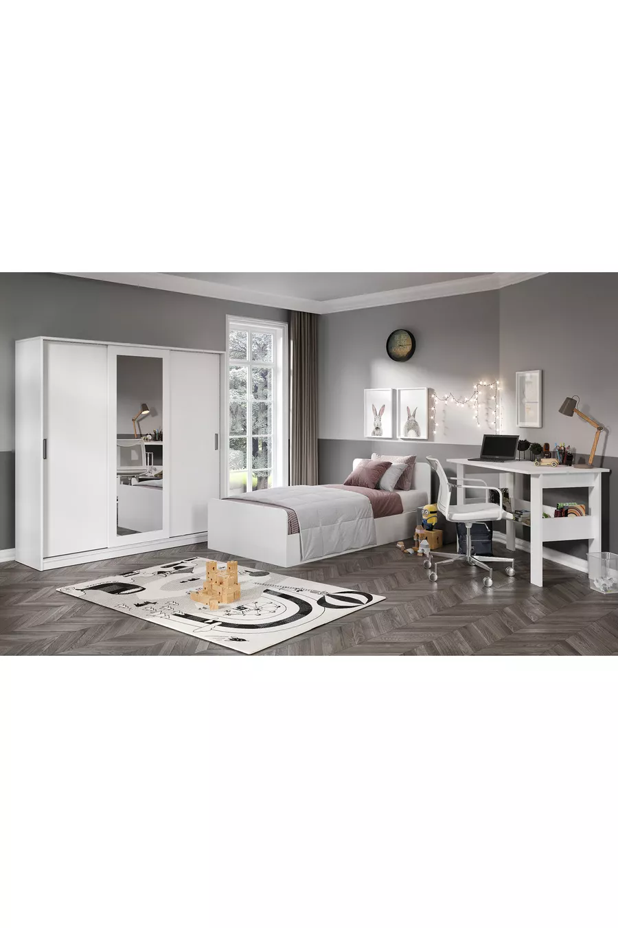 Chambre d'enfant Anemon en MDF pour une personne, 3 pièces - Armoire, bureau, lit en MDF de qualité supérieure