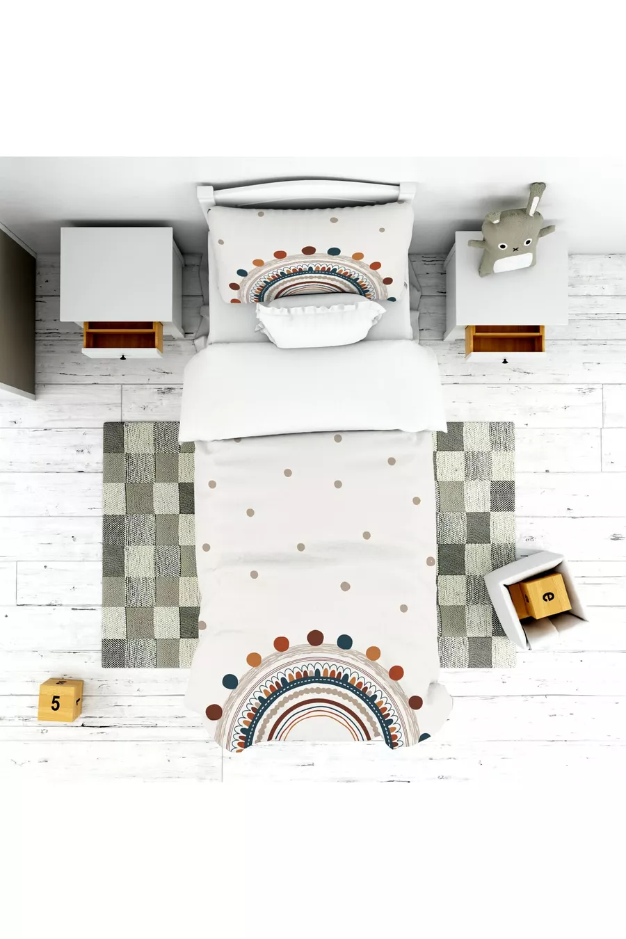 Ensemble chambre d'enfant Arc-en-ciel (rideau de fond - couvre-lit et oreiller - tapis)