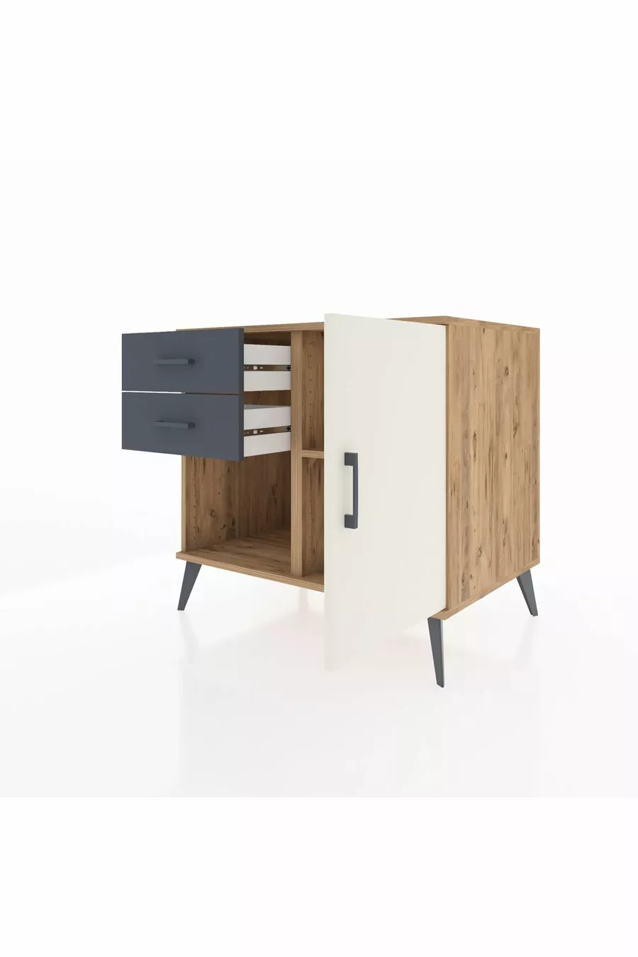 Commode Kronos à une étagère, 2 tiroirs et une porte, pin-gris anthracite