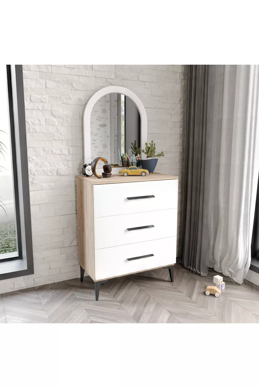 Commode à 3 tiroirs avec miroir, entièrement en MDF, Flora blanc