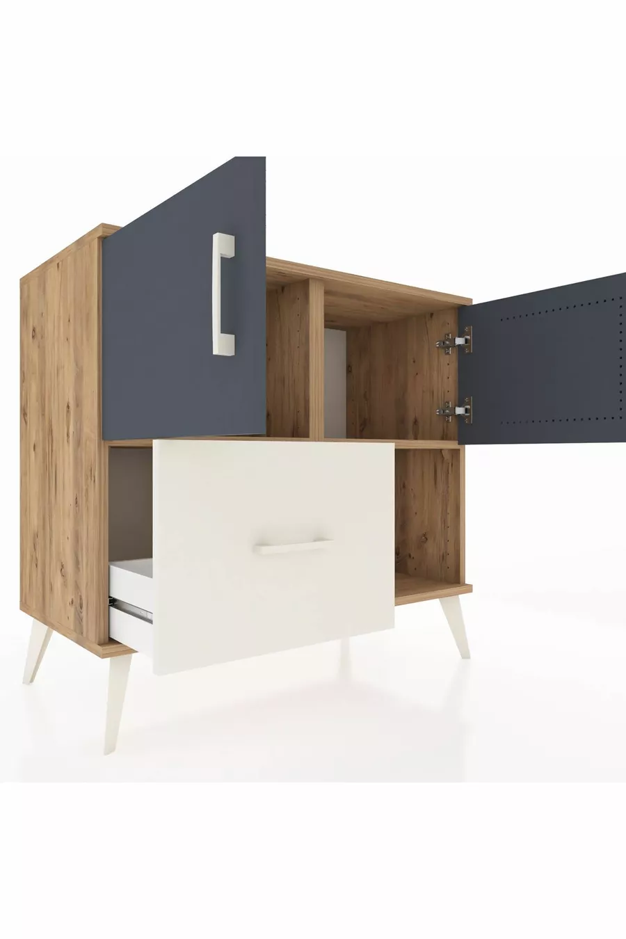Commode Hyperion avec 2 étagères, 1 tiroir et 2 portes, Pin-Anthracite/Pierre de lune