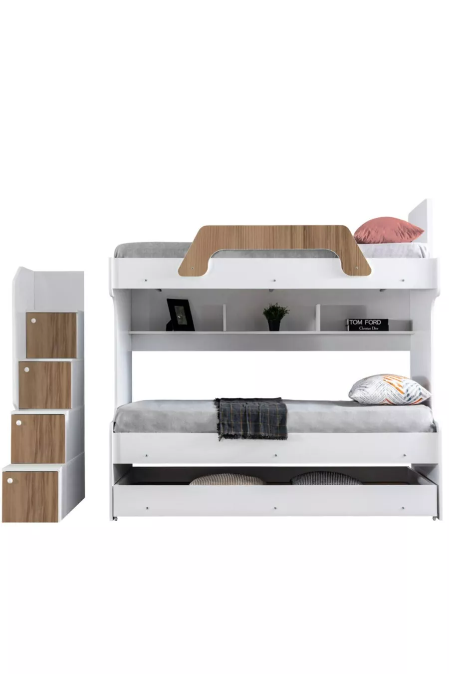 Lits superposés, Lit superposé pour enfants Inci avec lit gigogne en noyer, lot de 3 matelas confort