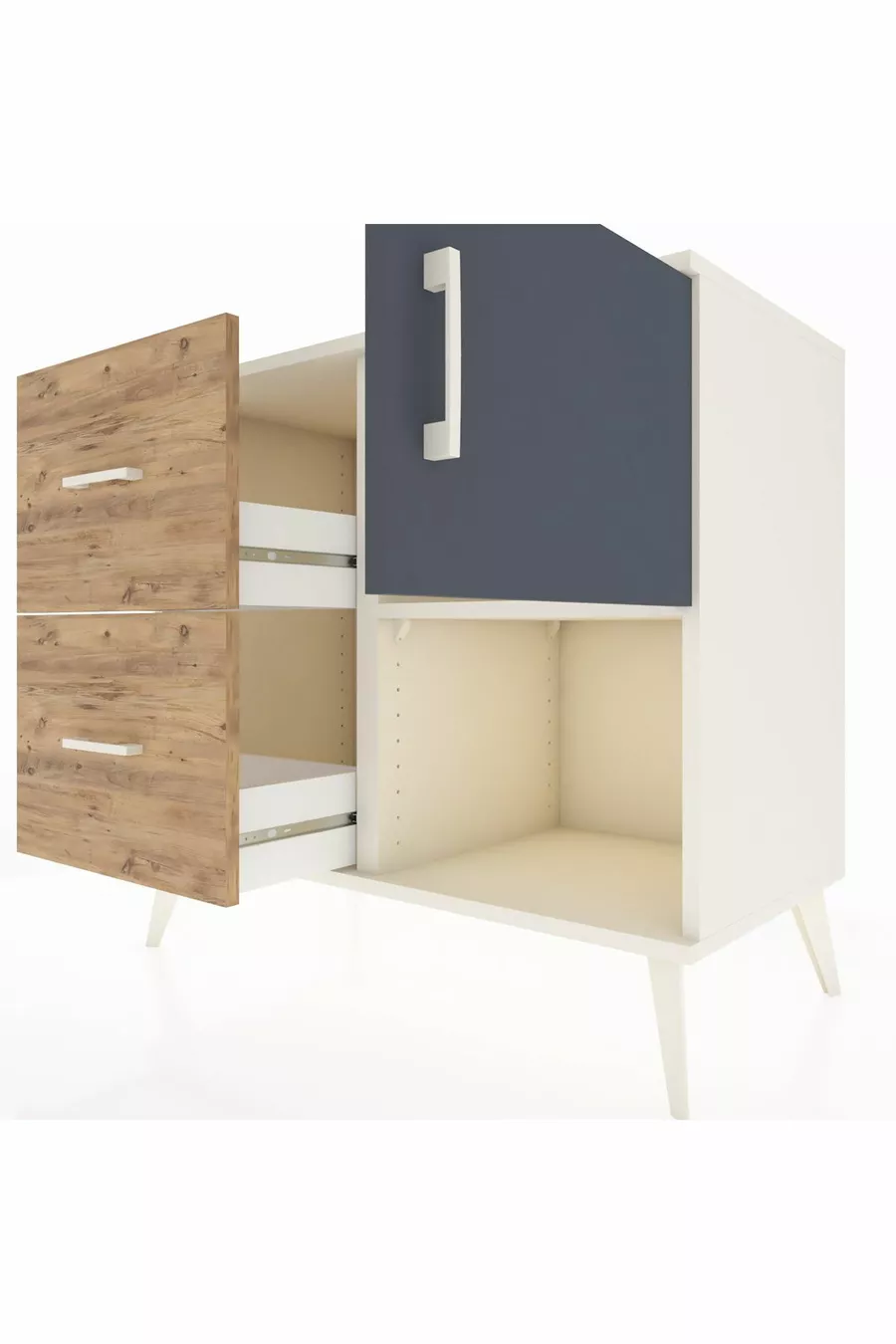 Commode Hyperion avec une seule étagère, 2 tiroirs et une porte, Pierre de Lune-Anthracite/Pin