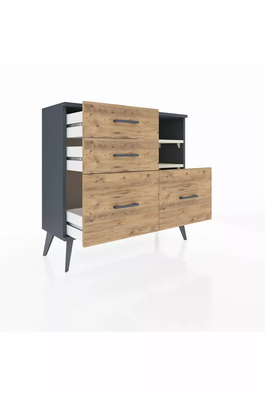 Commode Arges 2 étagères 4 tiroirs Anthracite-Pierre de lune/Merisiers
