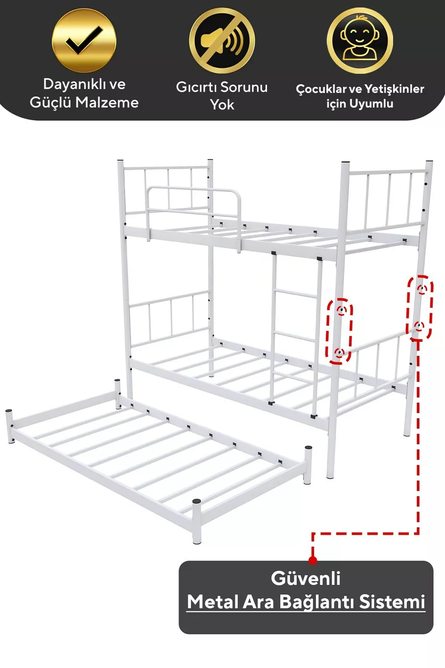 Lit superposé Tekno avec tiroirs, compatible pour 3 personnes, métal blanc