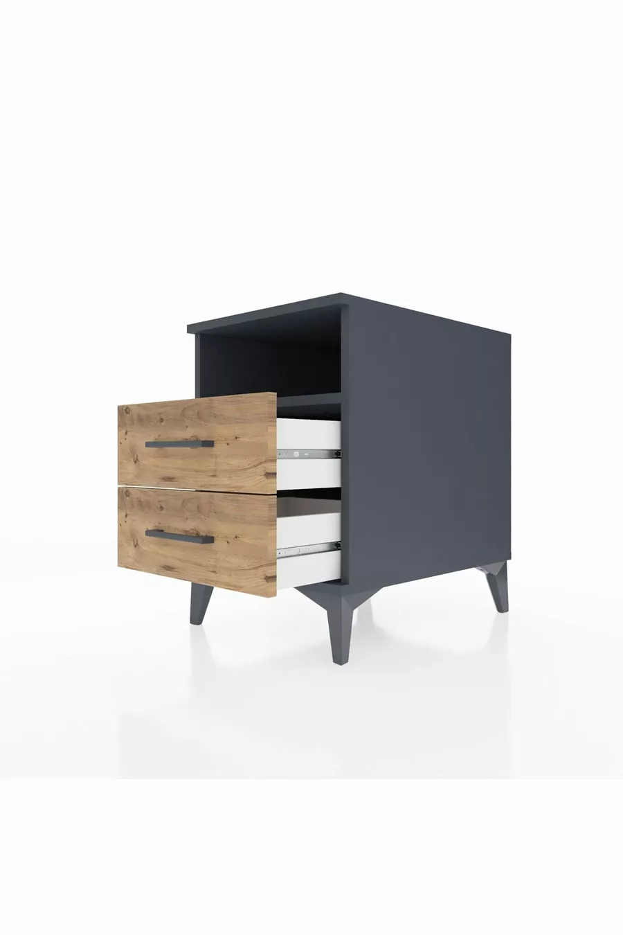 Table de chevet Kronos avec une étagère et 2 tiroirs Anthracite-Bois de pin
