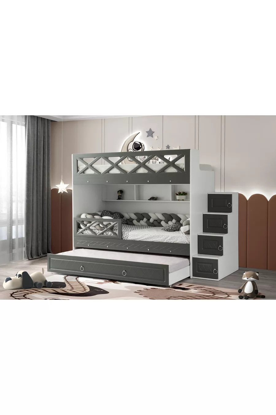 Mars Ranza / Blanc-anthracite / 3 sections de couchage et escalier avec armoire / 100 % MDF