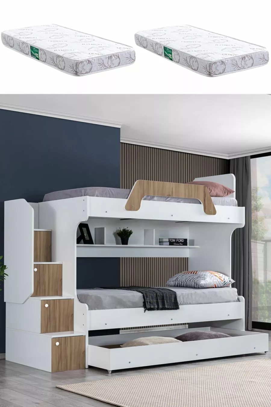 Lits superposés, Lit superposé avec lit d'appoint Inci - Noyer 2 matelas Comfort