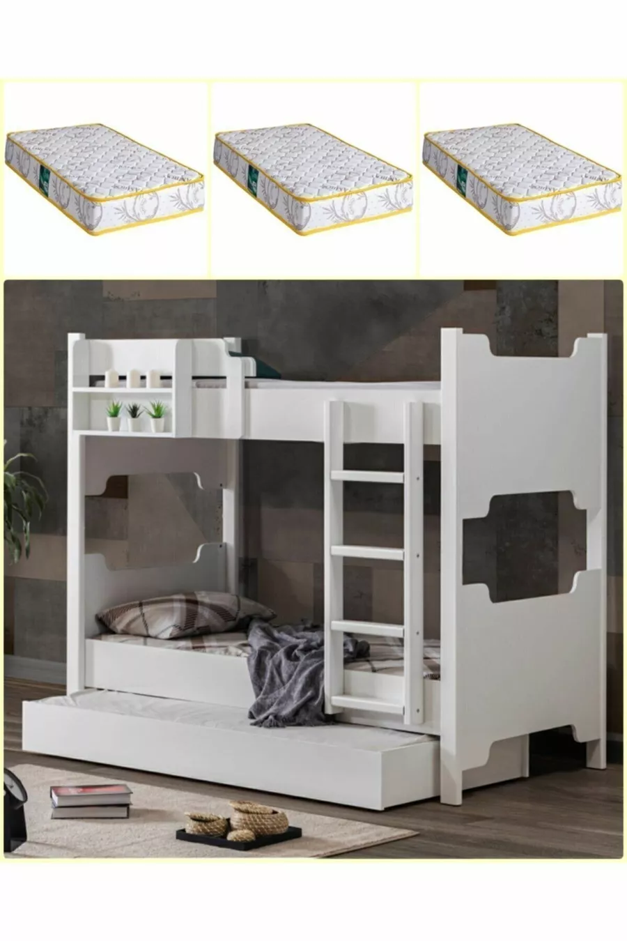 Lits superposés en profil MDF, lit superposé modulable Eurasia avec 3 matelas confort