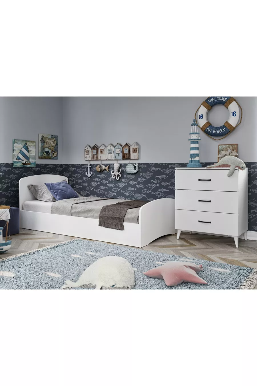 Ensemble de Chambre d'Enfant Soft Blanc - Lit, Armoire à 3 Portes, Commode à 3 Tiroirs, Tout en MDF