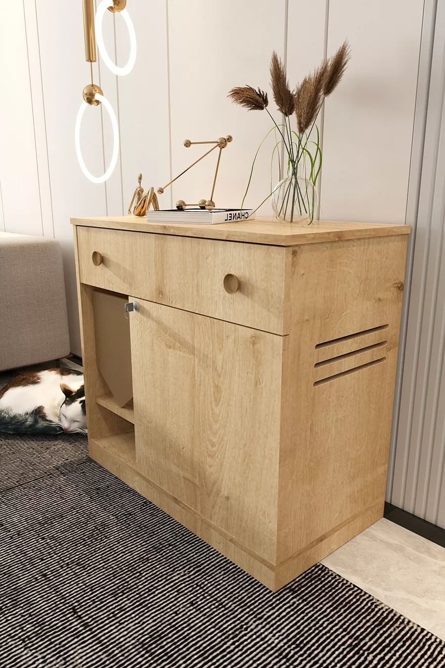 Litière pour chat en bois MONA avec tiroir - couvercle verrouillable - tissu inclus - bac à litière non inclus - CHÊNE SAPHIR