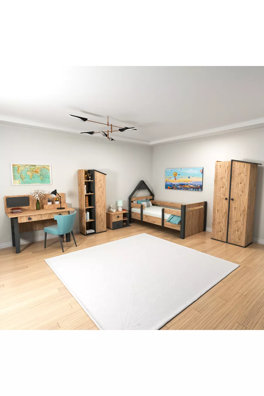 Ensemble de chambre d'enfant Valerin en pin Atlantique anthracite - Bureau, Lit, Bibliothèque, Armoire, Table de chevet