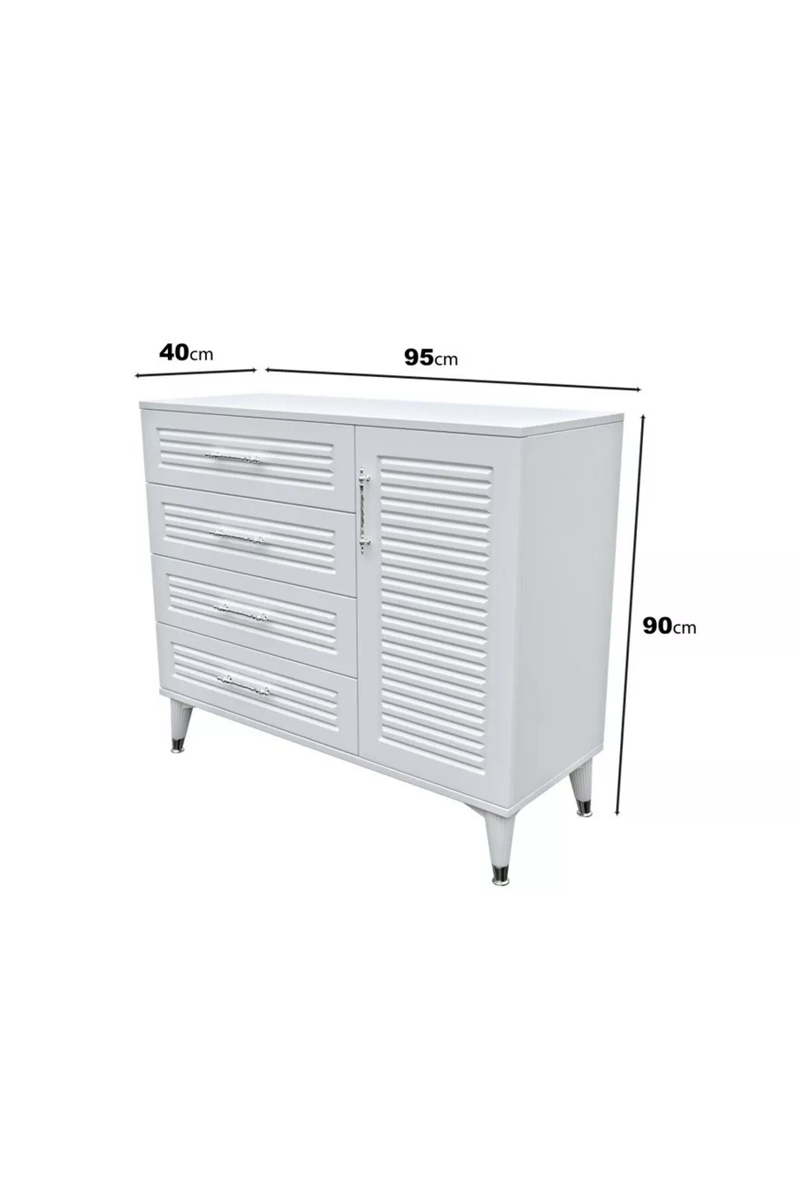 Commode moderne à 4 tiroirs avec volets et 1 porte, design moderne, porte en MDF, blanc argenté