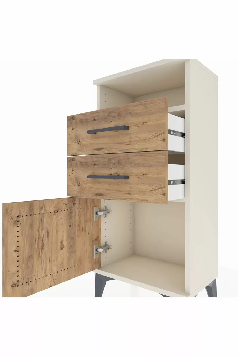 Table de chevet Arges avec une étagère, 2 tiroirs et une porte, Pierre de lune-Pin