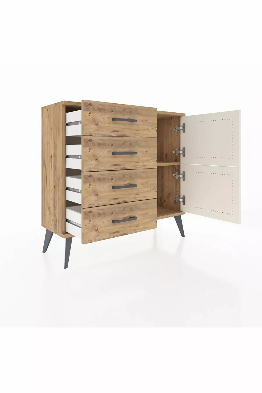 Commode Arges avec une seule étagère, 4 tiroirs et 2 portes, Pin-Pierre d'argile/Pin