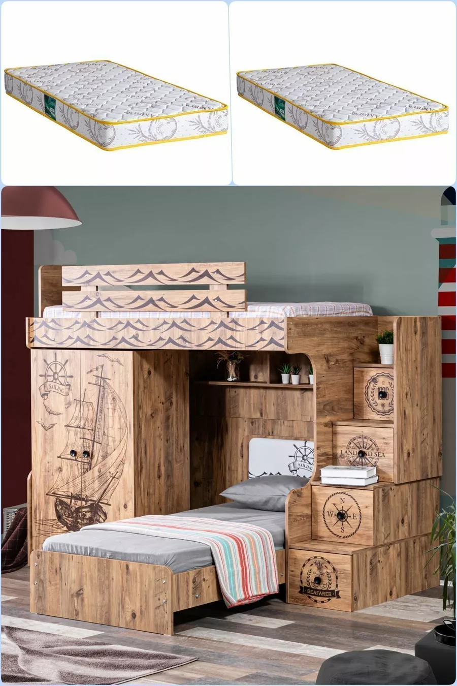 Lits superposés Ranza, Lit superposé Captain Ranza avec armoire et 2 matelas Confort