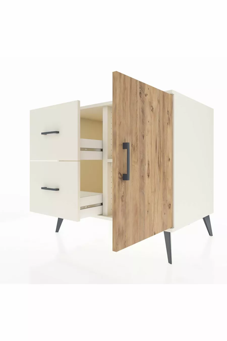 Commode Kronos à une étagère, 2 tiroirs et une porte, Pierre de Lune-Pin/Pierre de Lune