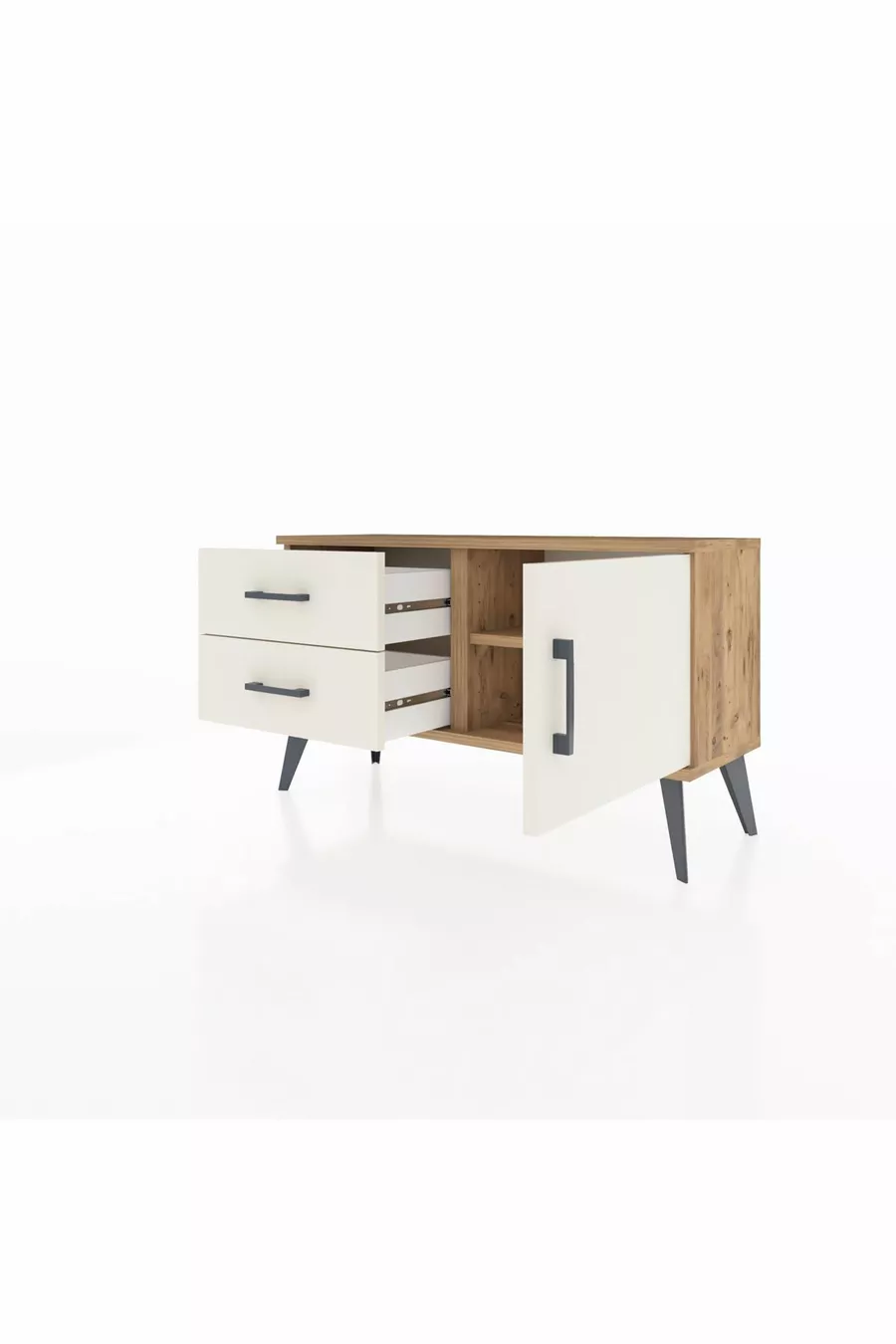Commode Arges à une étagère, 2 tiroirs et une porte, pin et pierre de l'ay