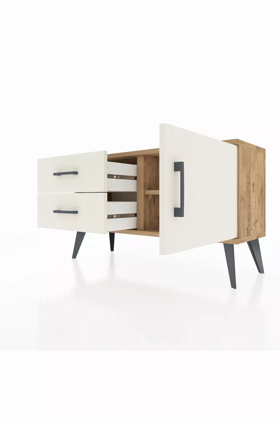 Commode Arges à une étagère, 2 tiroirs et une porte, pin et pierre de l'ay
