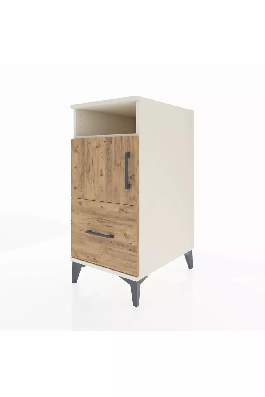 Kronos Table de chevet avec 2 étagères, 1 tiroir et 1 porte, Pierre de Lune-Sapin