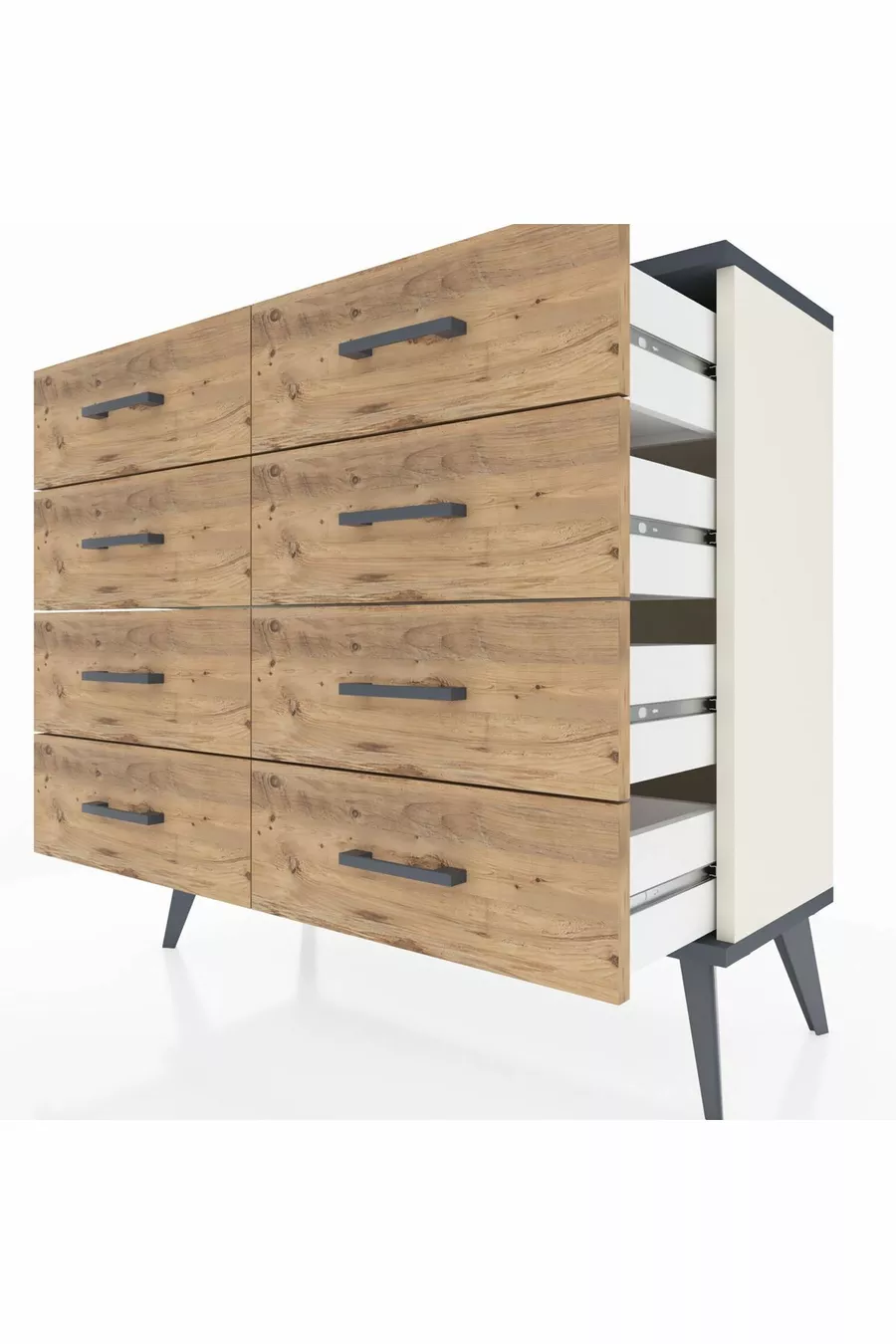 Commode Arges 8 tiroirs Pierre d'Agate-Anthracite/Pin