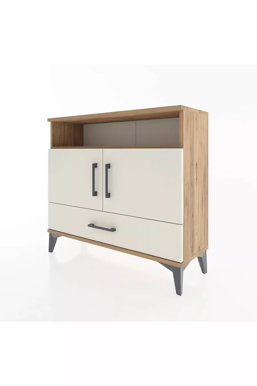Commode Arges avec 3 étagères, 1 tiroir et 2 portes, en pin-pierre d'ardoise