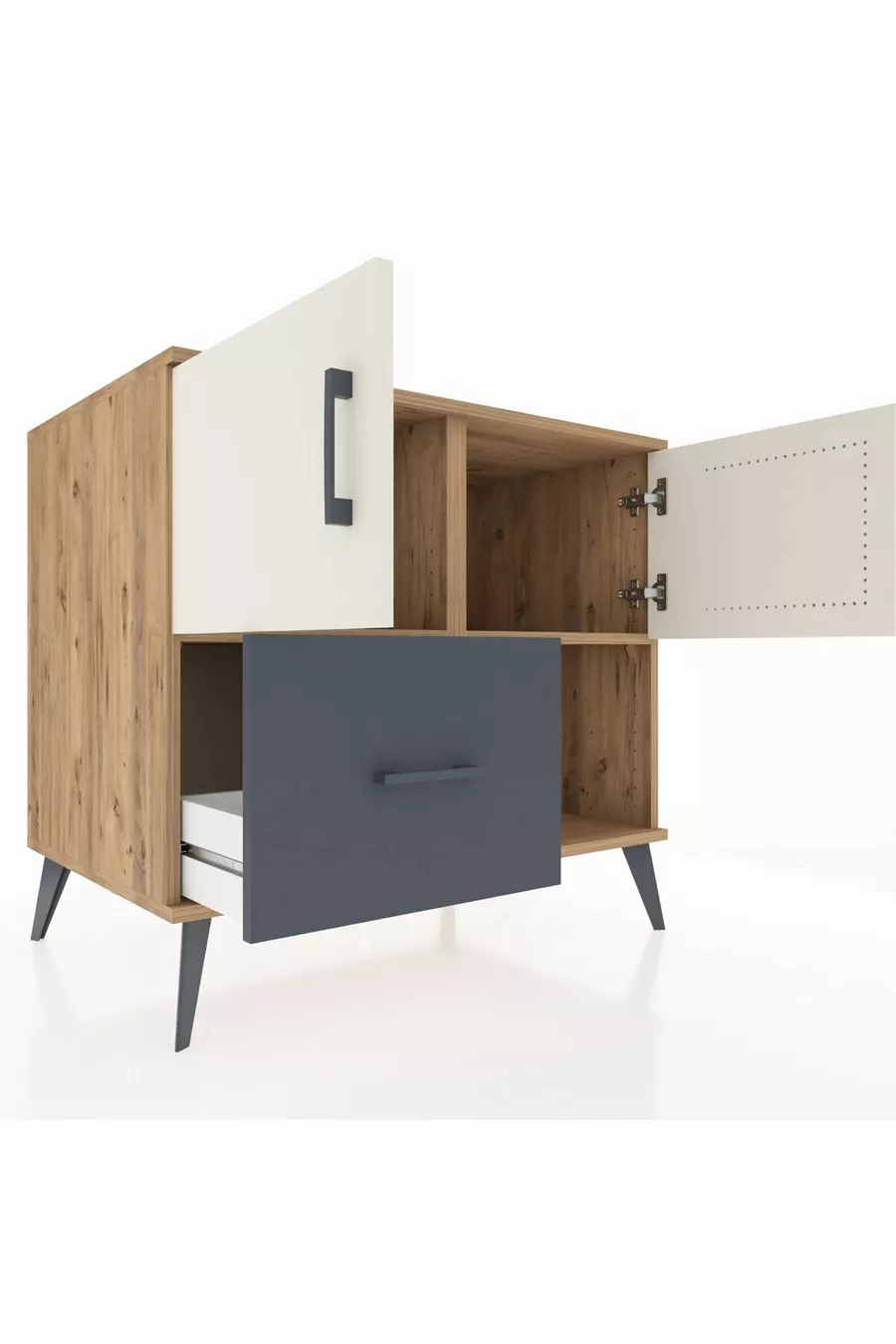 Commode Kronos à 2 étagères, 1 tiroir, 2 portes, pin-gris anthracite