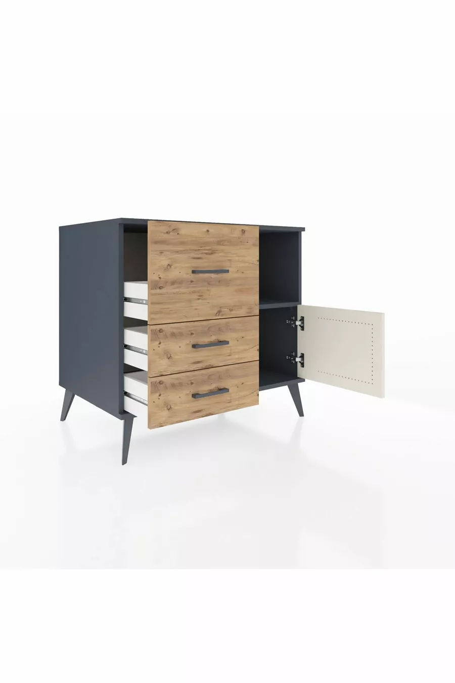 Commode Kronos à une étagère, 3 tiroirs et une porte, Anthracite-Pierre de lune/Pin