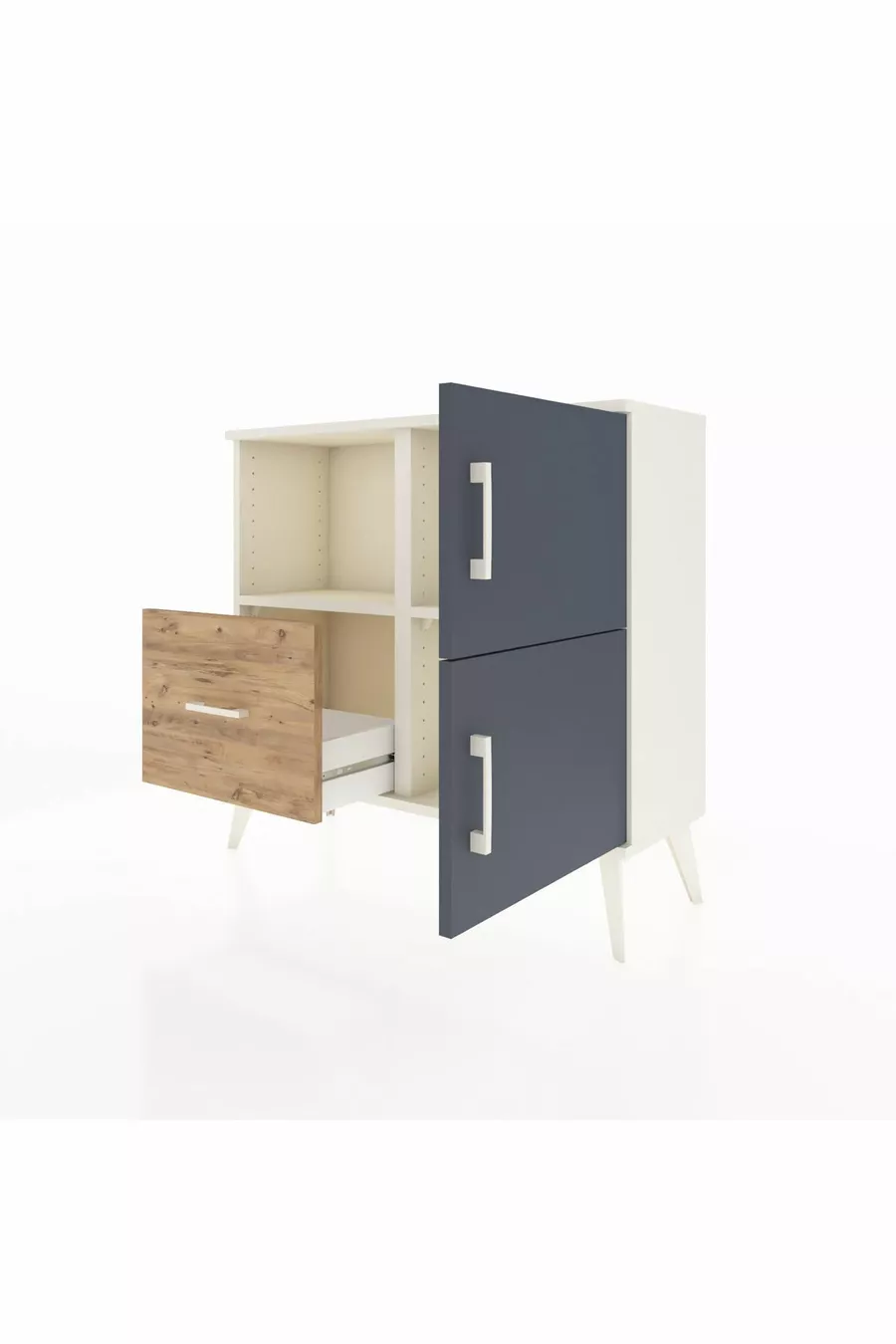 Commode Arges avec 2 étagères, 1 tiroir, 2 portes, couleur Pierre de lune-Anthracite/Pin