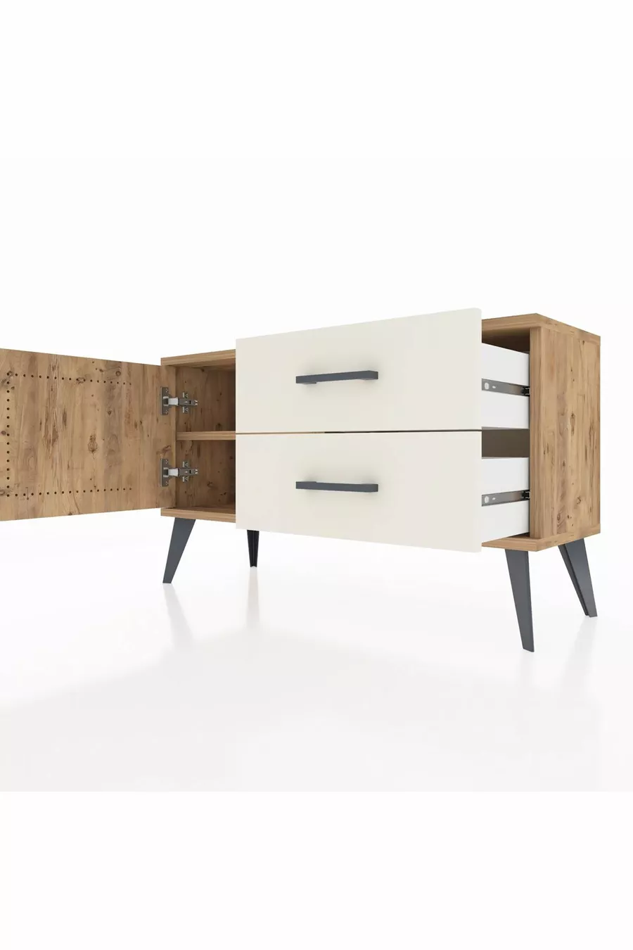 Commode Arges avec une étagère, 2 tiroirs et une porte, pin-pin / pierre de lune