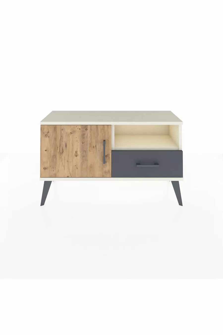 Commode Arges avec 2 étagères, 1 tiroir, 1 porte, couleur Pierre de lune/Pin/Anthracite