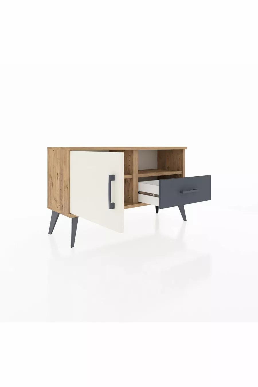 Commode Arges avec 2 étagères, 1 tiroir et 1 porte, en pin-pierre d'âme / anthracite