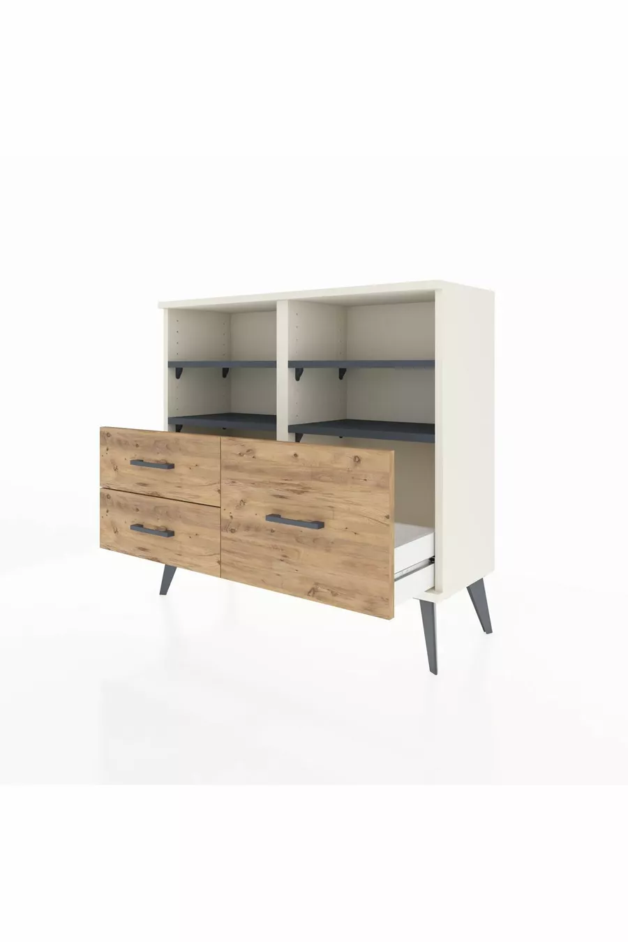 Commode Arges 4 étagères 3 tiroirs Pierre de lune-Anthracite/Sapin