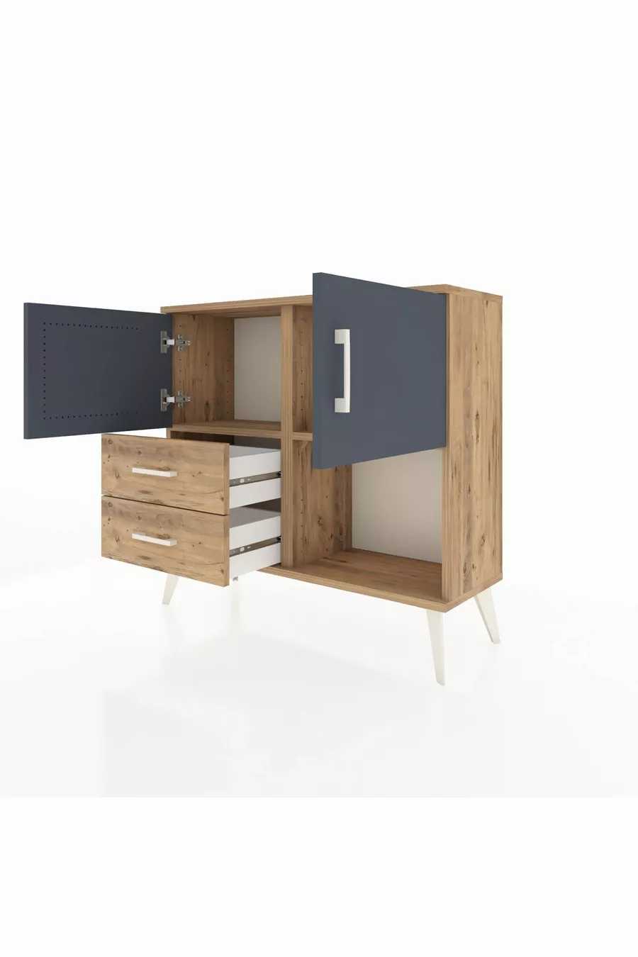 Commode Arges avec 2 étagères, 2 tiroirs, 2 portes, Pin-Anthracite/Pin