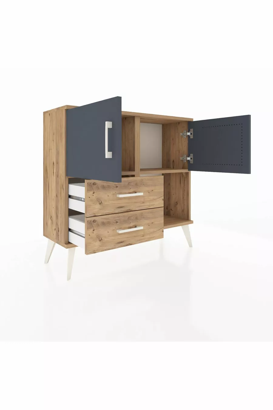Commode Arges avec 2 étagères, 2 tiroirs, 2 portes, Pin-Anthracite/Pin
