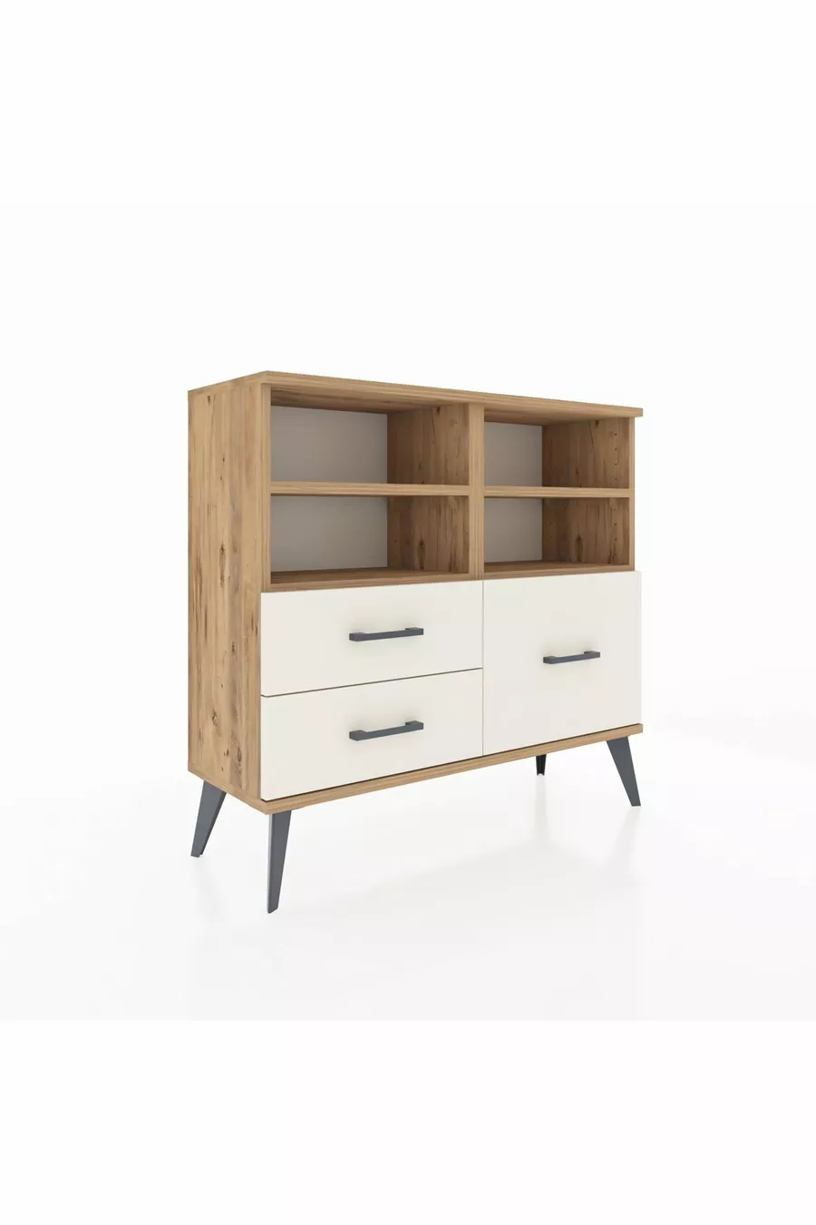 Commode Arges 4 étagères 3 tiroirs Pin-Pin/Pierre de lune